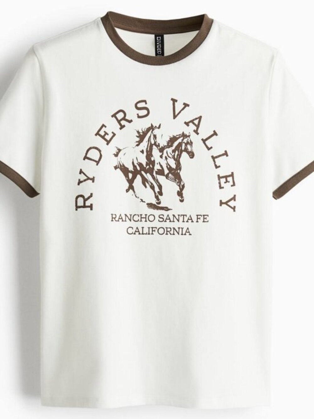 H&M White Tee with Brown Neckline and Brown Graphic - XS